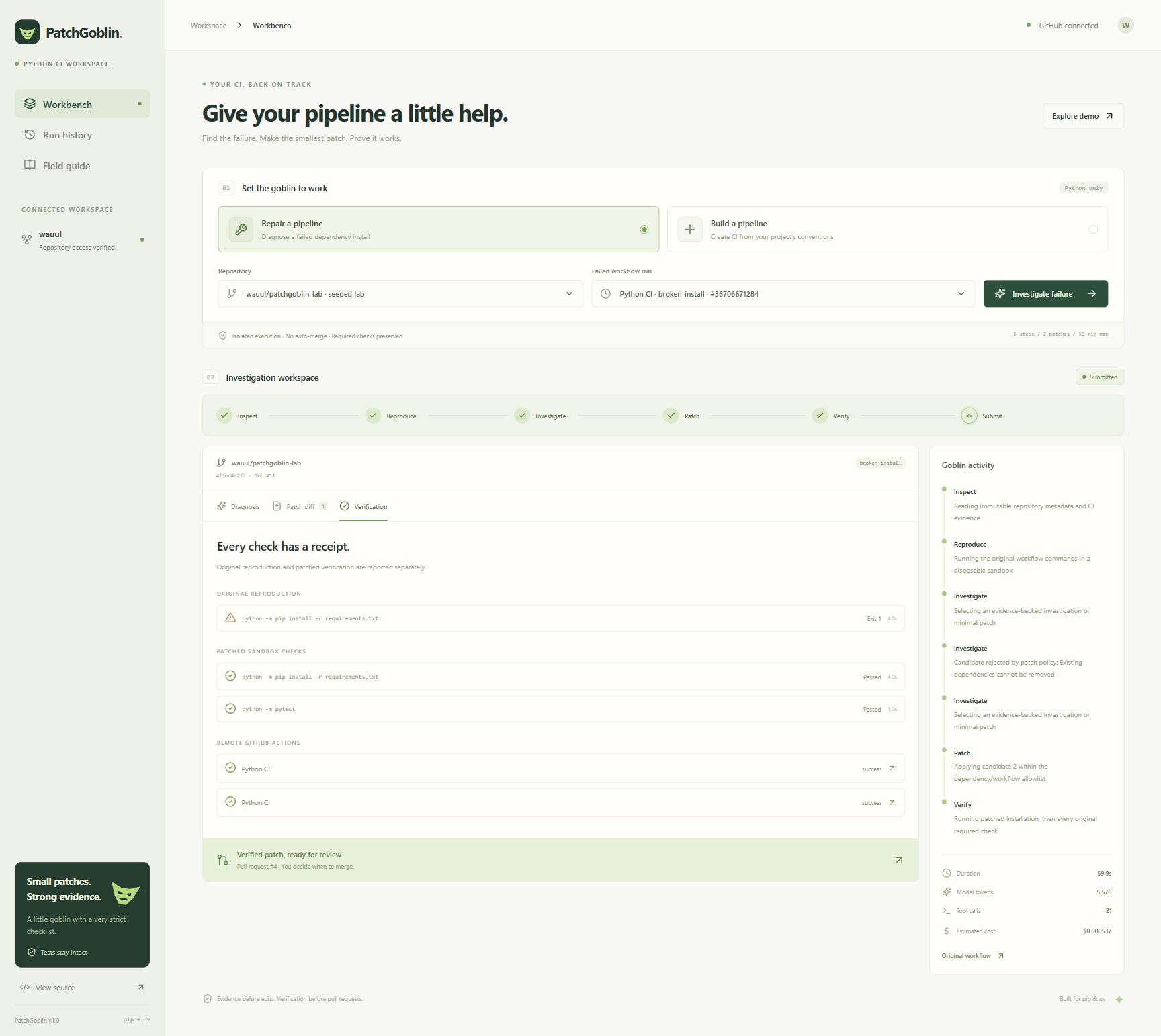Interface PatchGoblin : erreur reproduite, tests réussis et pull request vérifiée